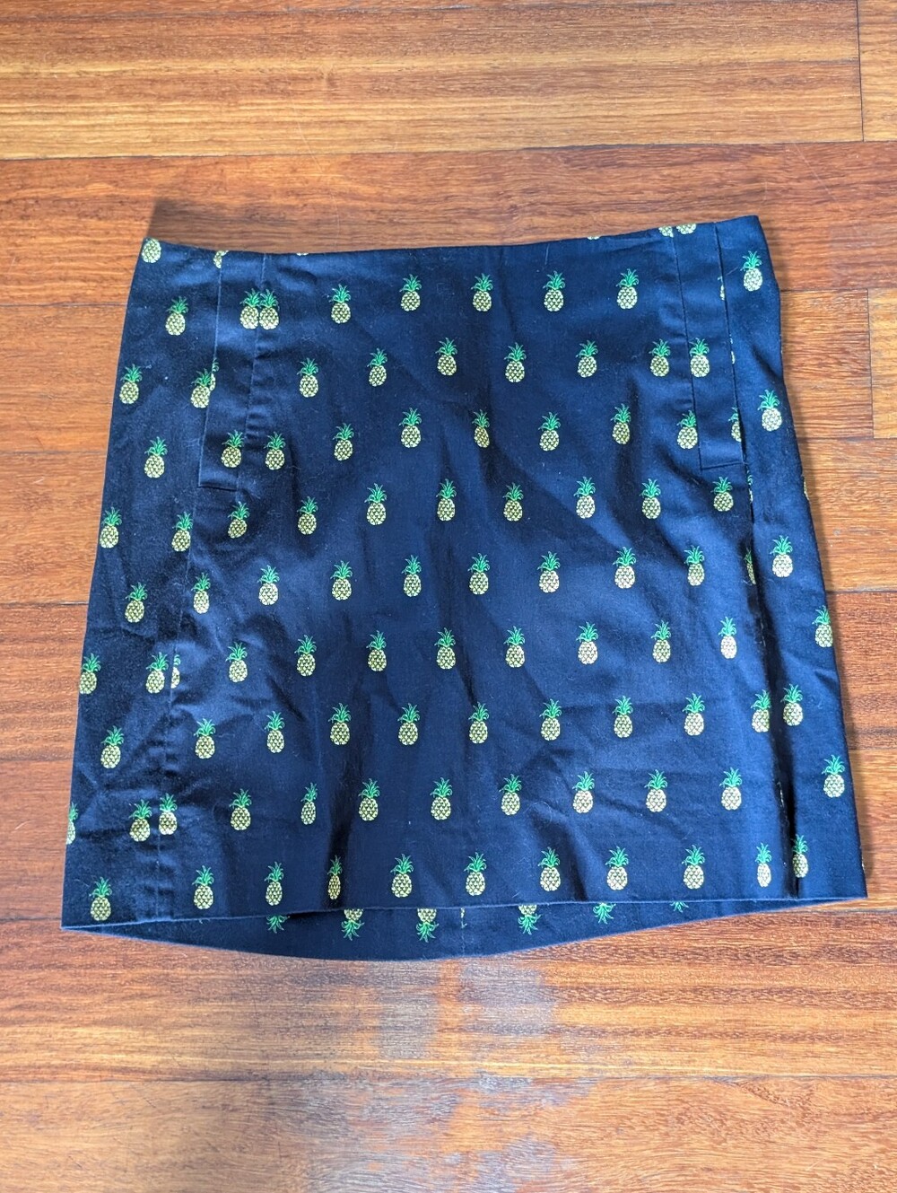 J. Crew Navy Mini Skirt with Green and Yellow Pineapple Print